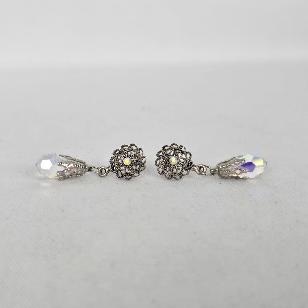 Vintage Silver-Tone Filigree AB Crystal Teardrop Dangle Post Earrings