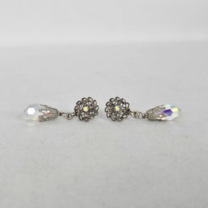 Vintage Silver-Tone Filigree AB Crystal Teardrop Dangle Post Earrings
