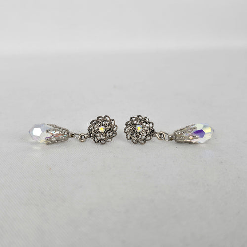 Vintage Silver-Tone Filigree AB Crystal Teardrop Dangle Post Earrings