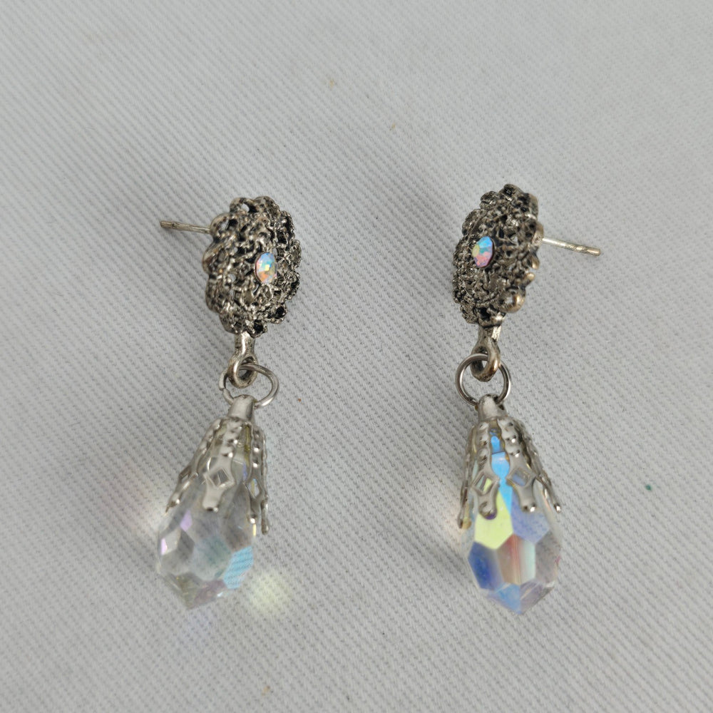 Vintage Silver-Tone Filigree AB Crystal Teardrop Dangle Post Earrings