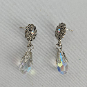 Vintage Silver-Tone Filigree AB Crystal Teardrop Dangle Post Earrings
