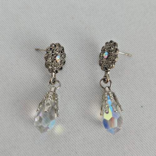 Vintage Silver-Tone Filigree AB Crystal Teardrop Dangle Post Earrings