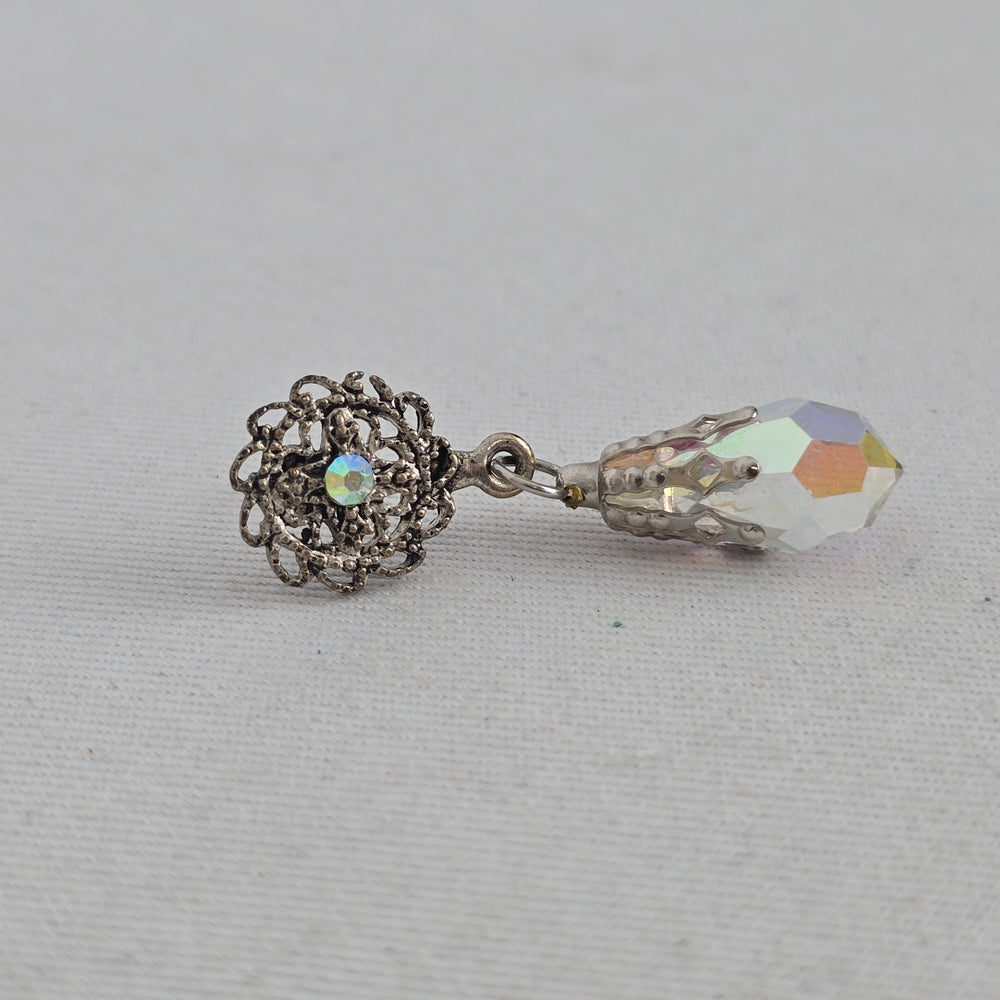 Vintage Silver-Tone Filigree AB Crystal Teardrop Dangle Post Earrings