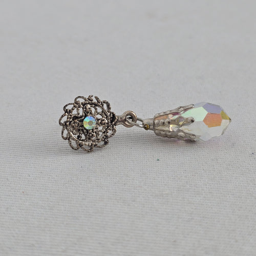 Vintage Silver-Tone Filigree AB Crystal Teardrop Dangle Post Earrings