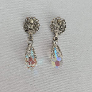 Vintage Silver-Tone Filigree AB Crystal Teardrop Dangle Post Earrings
