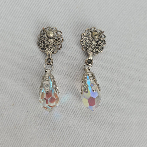 Vintage Silver-Tone Filigree AB Crystal Teardrop Dangle Post Earrings