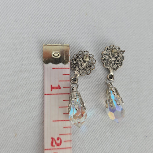 Vintage Silver-Tone Filigree AB Crystal Teardrop Dangle Post Earrings