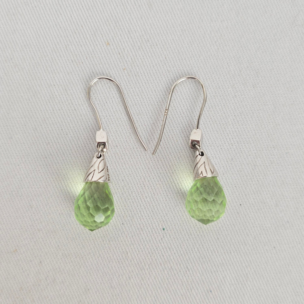 925 Sterling Silver Green Faceted Teardrop Dangle Earrings Hook Wire