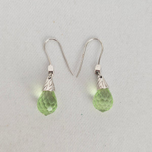 925 Sterling Silver Green Faceted Teardrop Dangle Earrings Hook Wire