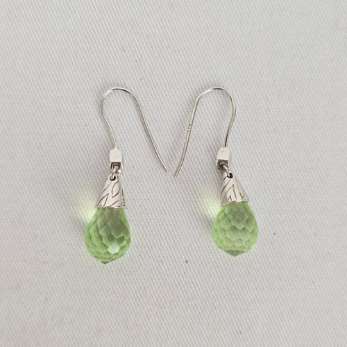 925 Sterling Silver Green Faceted Teardrop Dangle Earrings Hook Wire