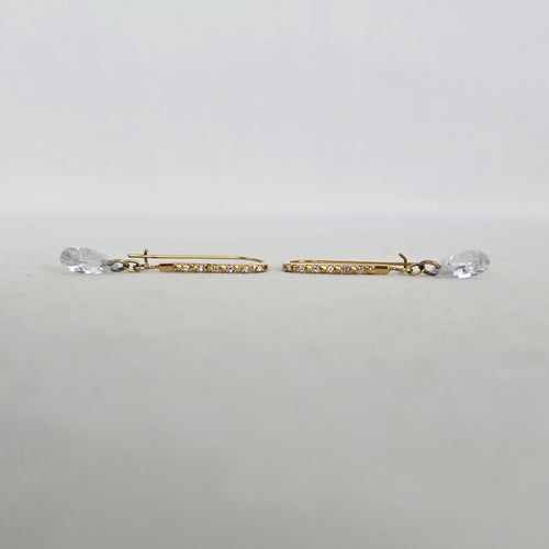 Gold Tone Rhinestone Bar Clear Teardrop Dangle Earrings Long