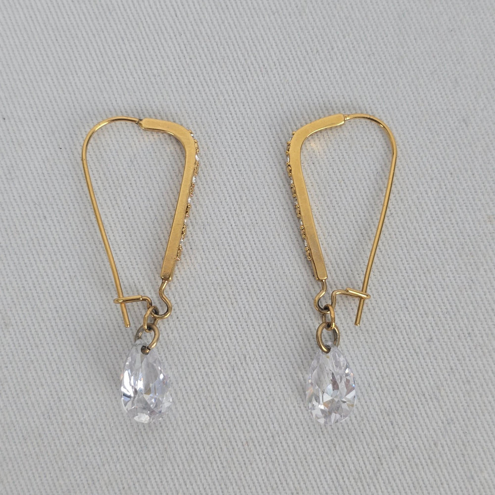 Gold Tone Rhinestone Bar Clear Teardrop Dangle Earrings Long
