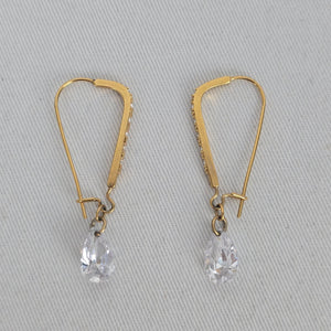 Gold Tone Rhinestone Bar Clear Teardrop Dangle Earrings Long