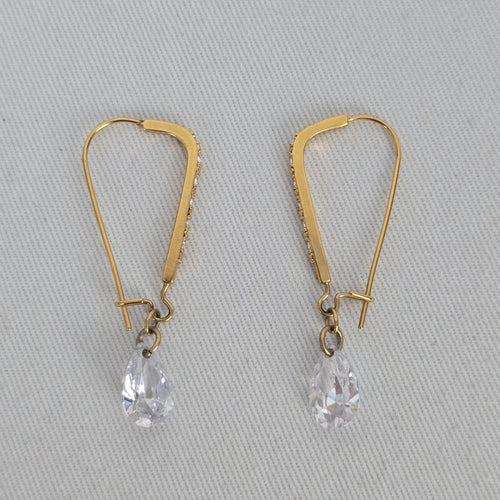 Gold Tone Rhinestone Bar Clear Teardrop Dangle Earrings Long
