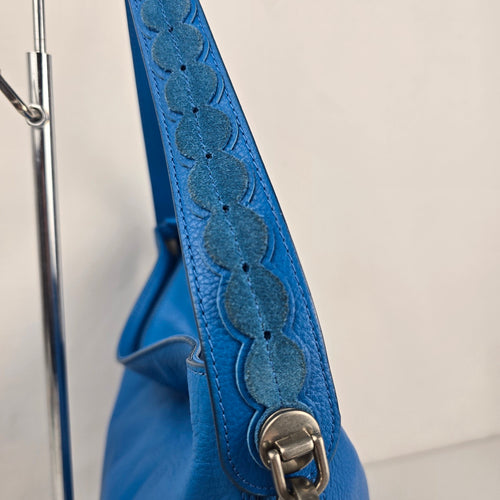 Fossil Blue Leather Hobo Shoulder Crossbody Bag with Adjustable Strap
