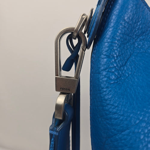Fossil Blue Leather Hobo Shoulder Crossbody Bag with Adjustable Strap