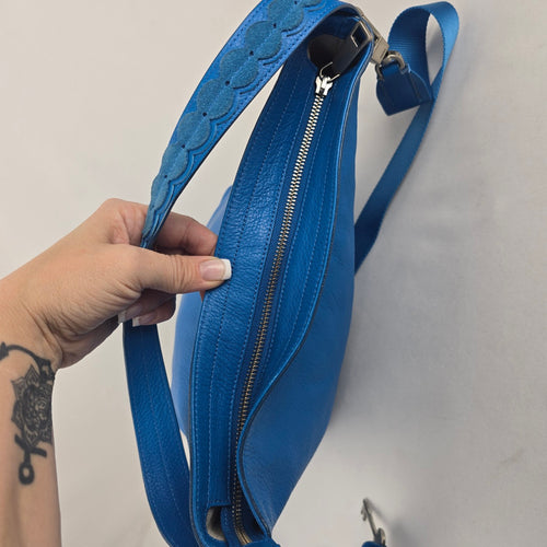 Fossil Blue Leather Hobo Shoulder Crossbody Bag with Adjustable Strap