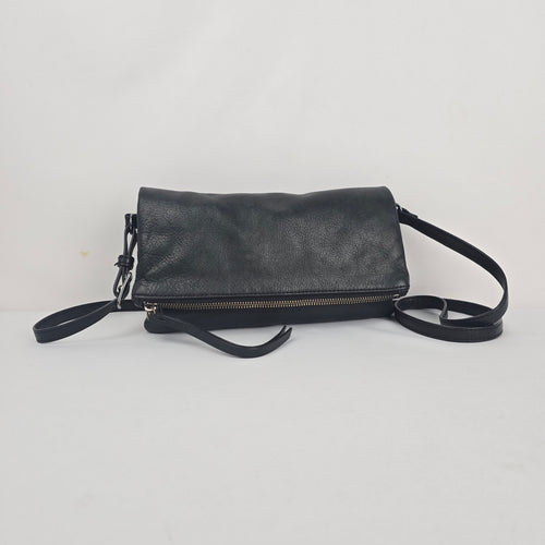 Margot New York Black Leather Foldover Crossbody Clutch Shoulder Bag