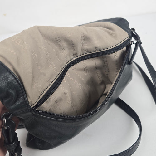 Margot New York Black Leather Foldover Crossbody Clutch Shoulder Bag