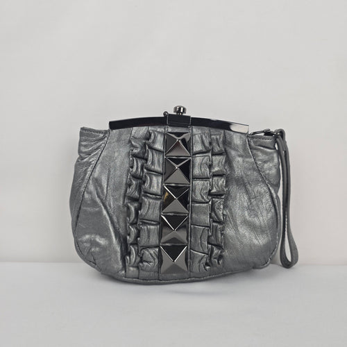 Betsey Johnson Metallic Gray Genuine Leather Studded Ruffle Wristlet Clutch