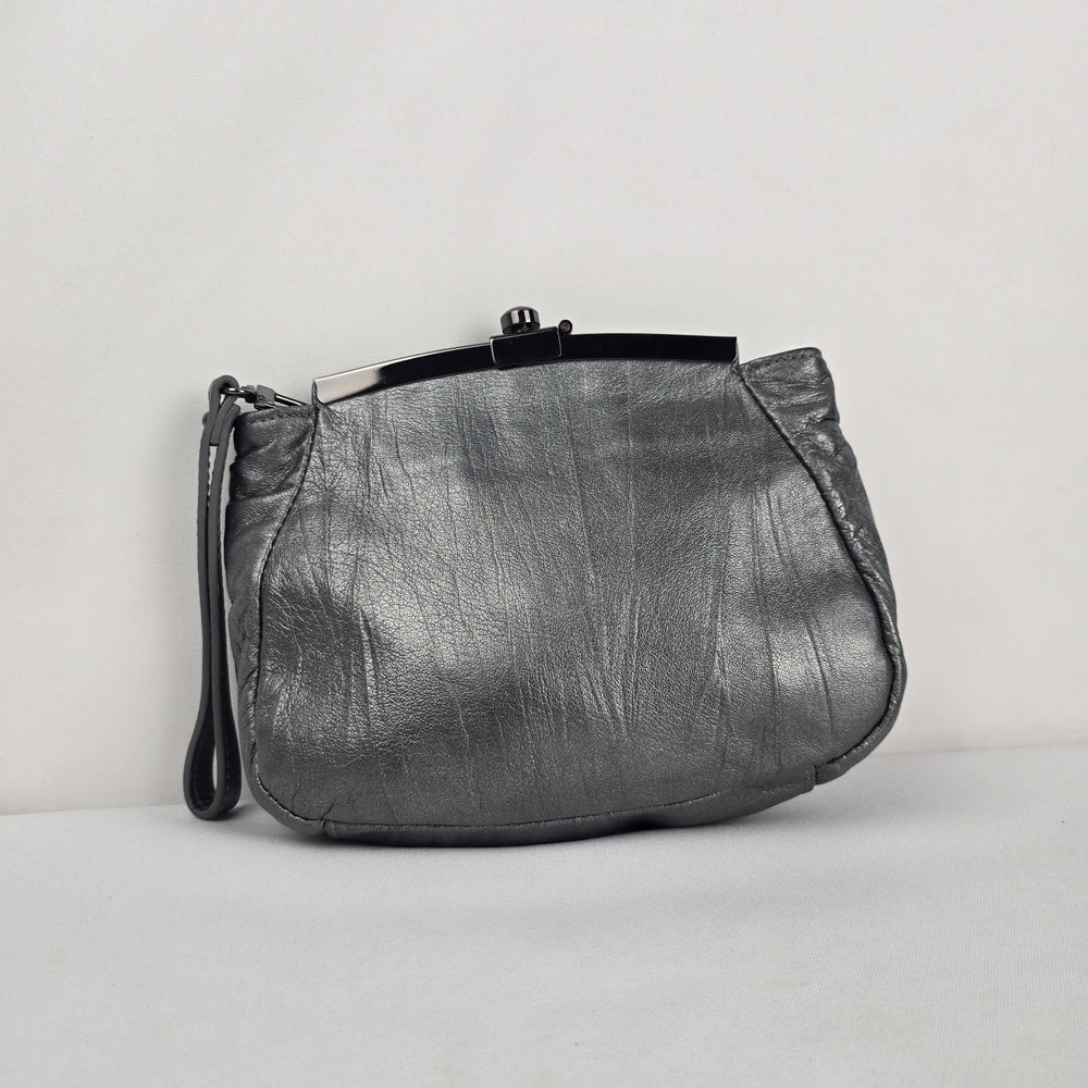 Betsey Johnson Metallic Gray Genuine Leather Studded Ruffle Wristlet Clutch