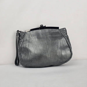 Betsey Johnson Metallic Gray Genuine Leather Studded Ruffle Wristlet Clutch