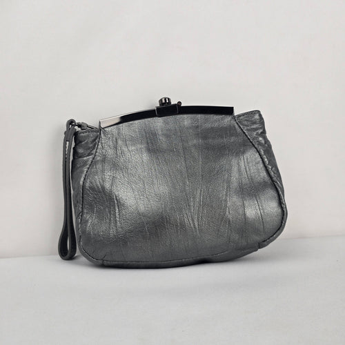 Betsey Johnson Metallic Gray Genuine Leather Studded Ruffle Wristlet Clutch