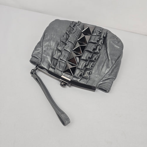 Betsey Johnson Metallic Gray Genuine Leather Studded Ruffle Wristlet Clutch