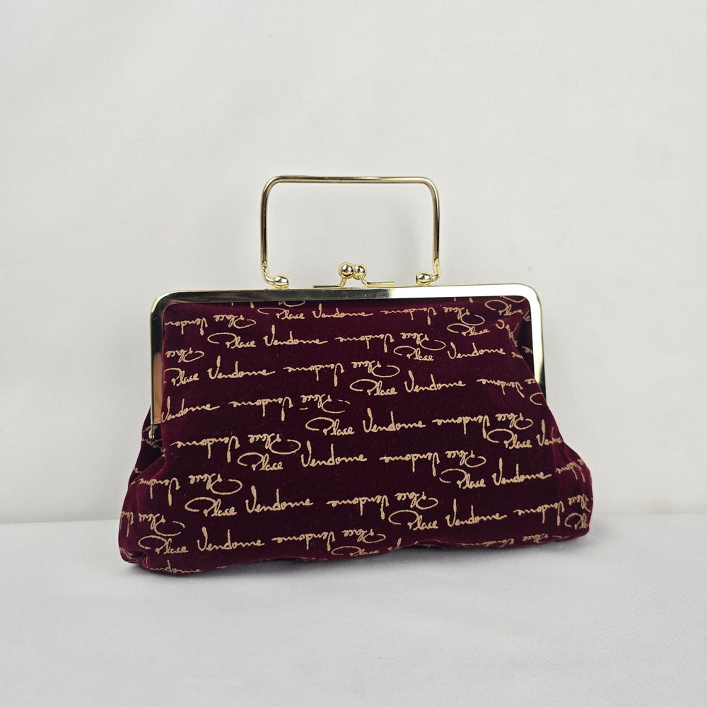 Palace Vendome Burgundy Velvet Gold Script Frame Handbag Top Handle Purse