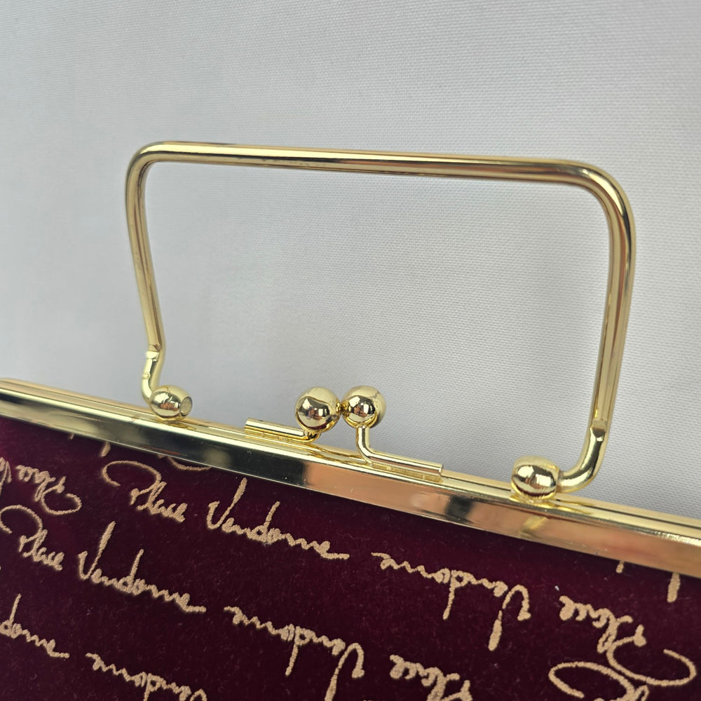 Palace Vendome Burgundy Velvet Gold Script Frame Handbag Top Handle Purse