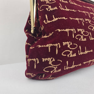 Palace Vendome Burgundy Velvet Gold Script Frame Handbag Top Handle Purse