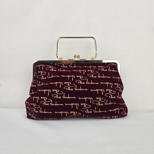 Palace Vendome Burgundy Velvet Gold Script Frame Handbag Top Handle Purse