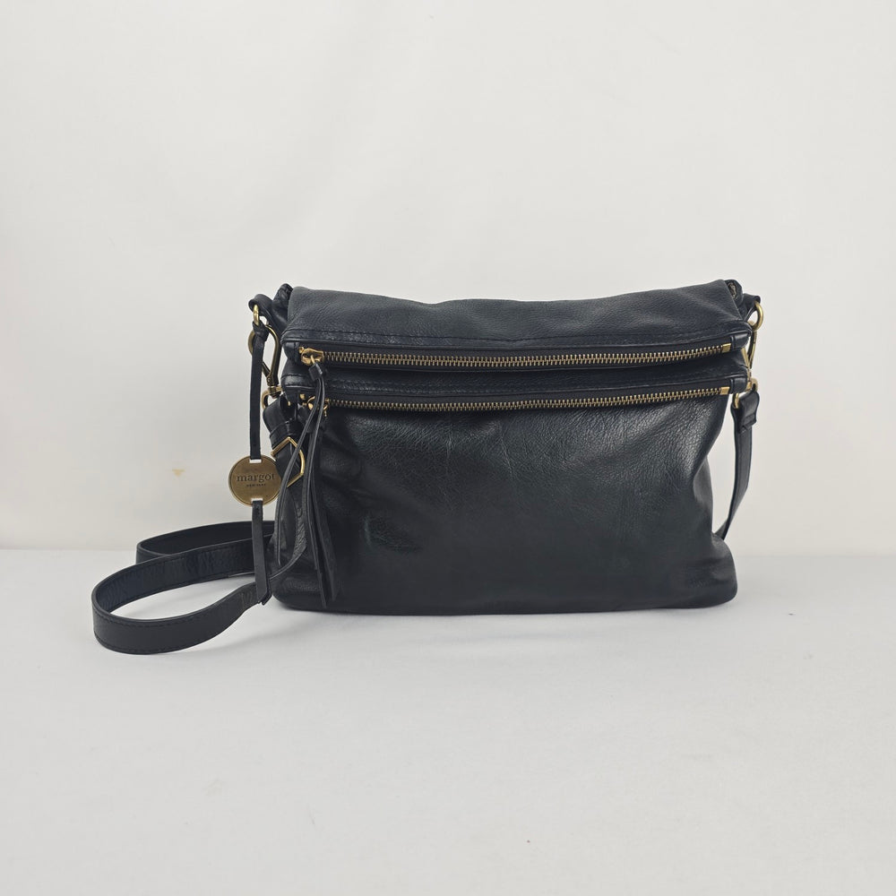 Margot New York Black Genuine Leather Multi-Zip Crossbody Bag