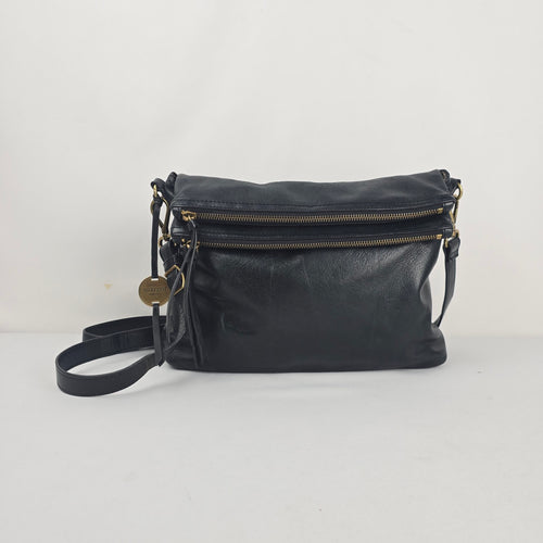 Margot New York Black Genuine Leather Multi-Zip Crossbody Bag