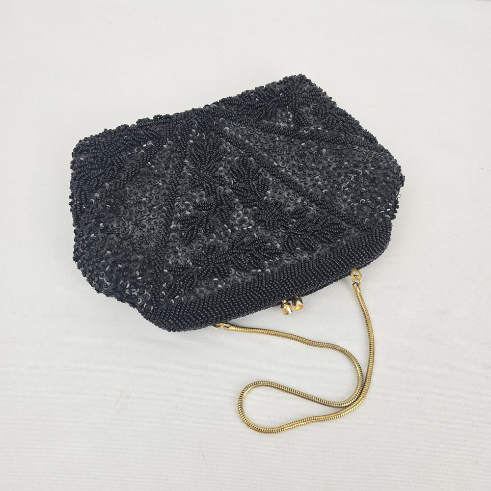 Vintage Handmade Black Beaded Floral Evening Bag Gold Tone Chain