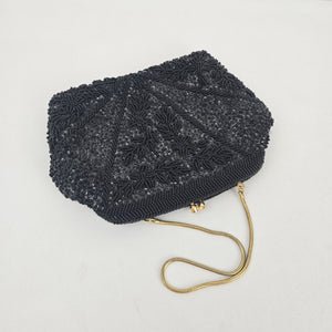 Vintage Handmade Black Beaded Floral Evening Bag Gold Tone Chain