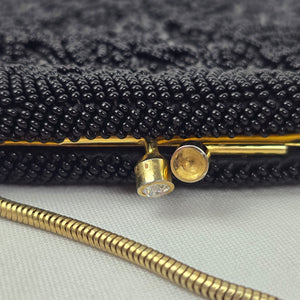 Vintage Handmade Black Beaded Floral Evening Bag Gold Tone Chain