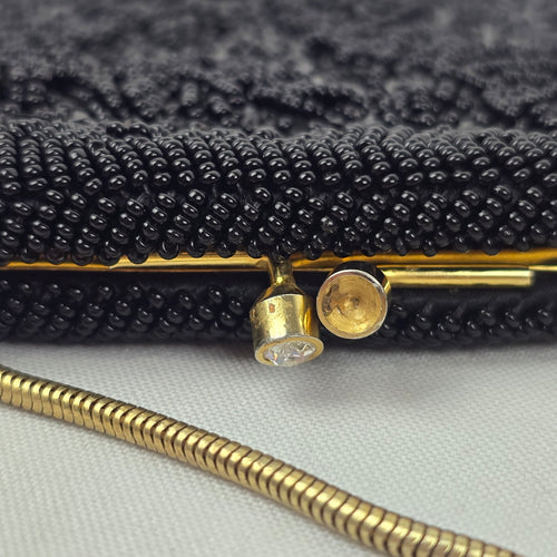 Vintage Handmade Black Beaded Floral Evening Bag Gold Tone Chain
