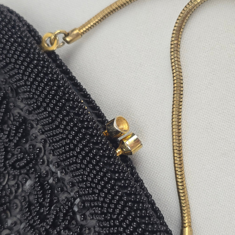 Vintage Handmade Black Beaded Floral Evening Bag Gold Tone Chain