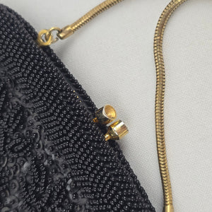 Vintage Handmade Black Beaded Floral Evening Bag Gold Tone Chain