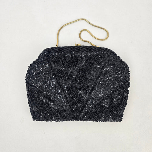 Vintage Handmade Black Beaded Floral Evening Bag Gold Tone Chain