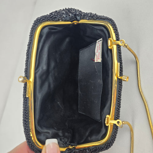 Vintage Handmade Black Beaded Floral Evening Bag Gold Tone Chain