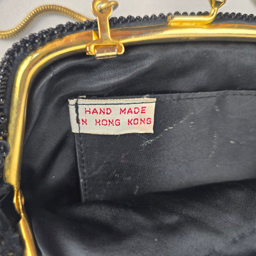 Vintage Handmade Black Beaded Floral Evening Bag Gold Tone Chain