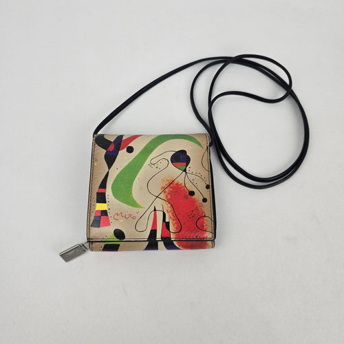 Vintage Joan Miró Print Leather Crossbody Wallet Purse ID Window Mustard Lining