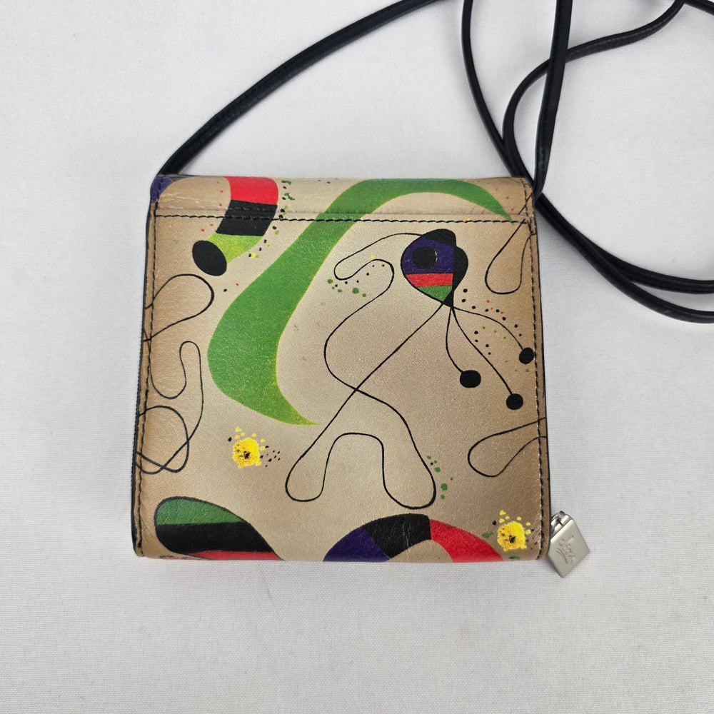 Vintage Joan Miró Print Leather Crossbody Wallet Purse ID Window Mustard Lining