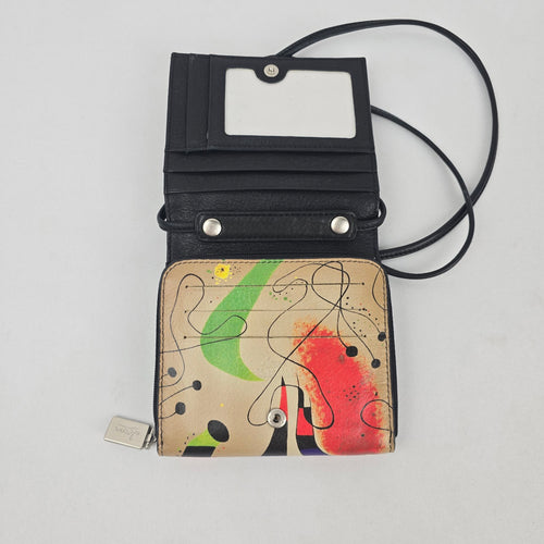 Vintage Joan Miró Print Leather Crossbody Wallet Purse ID Window Mustard Lining