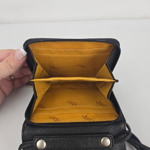 Vintage Joan Miró Print Leather Crossbody Wallet Purse ID Window Mustard Lining