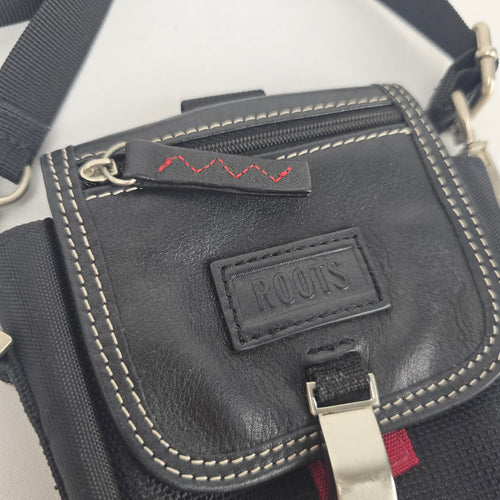 Roots Black Nylon Leather Trim Crossbody Organizer Pouch Shoulder Bag