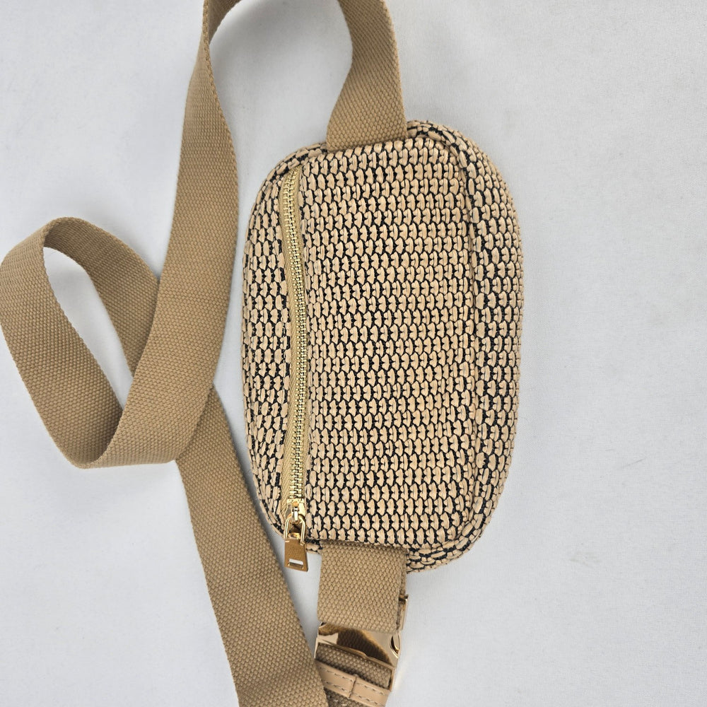 Urban Expressions Beige Black Woven Belt Bag Waist Pack Gold-Tone Hardware