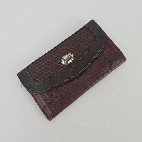 American West Brown Tooled Leather Western Floral Basketweave Wallet Clutch